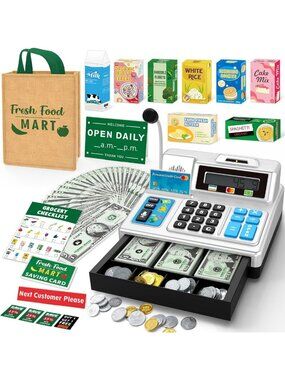 Interactive Cash Register Toy Set for Kids 3-8, 120 Pcs Grocery Playset, Fun